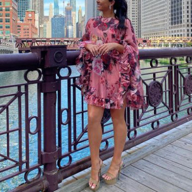 Bisou Ruffle Cape Mini Dress in Floral by Mac Duggal - FINAL SALE