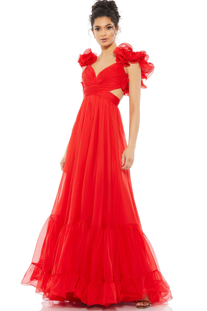 MAC DUGGAL RUFFLE SHOULDER LACE UP GOWN