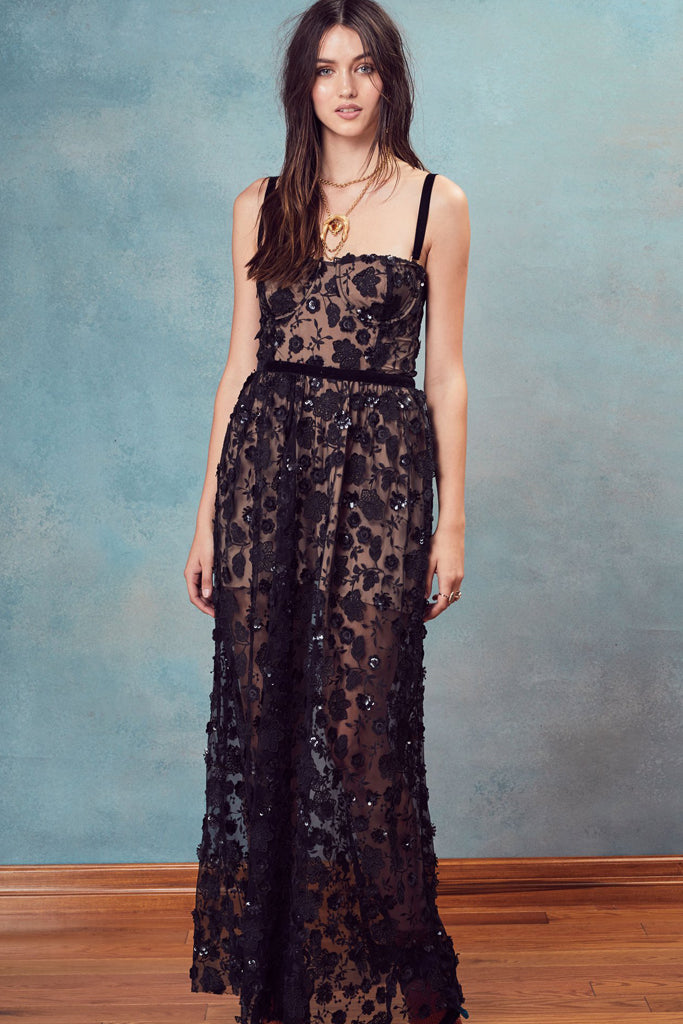 Bouquet Strappy Maxi in Black by For Love and Lemons - RENTAL