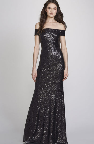 Leigh Off The Shoulder Black Sequin Gown by Theia Couture - RENTAL