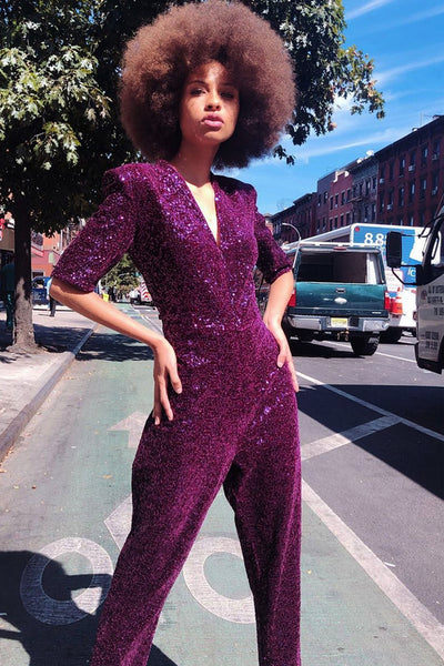 Mercury Sequin & Velvet Jumpsuit in Plum by Amanda Uprichard - RENTAL