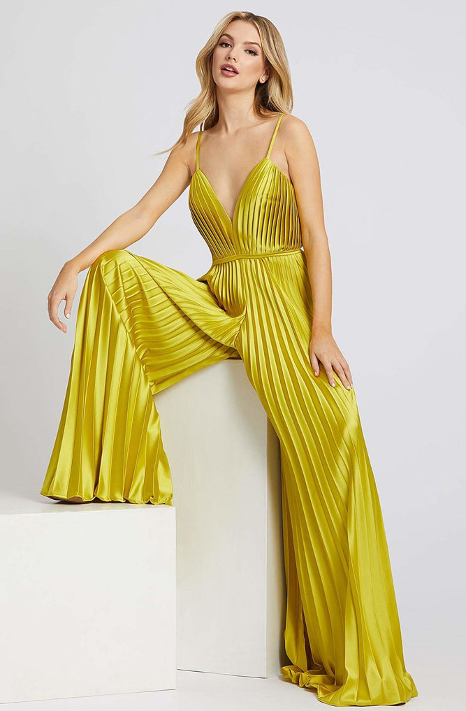 Chartreuse Pleated Wide Leg Jumpsuit by Mac Duggal - RENTAL