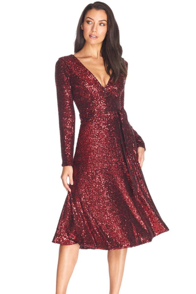 Daphne Red Sequin Midi Dress by Dress The Population - RENTAL