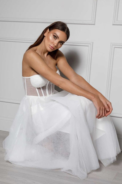 Gabriella Bustier Tulle Dress in White by Elle Zeitoune - RENTAL