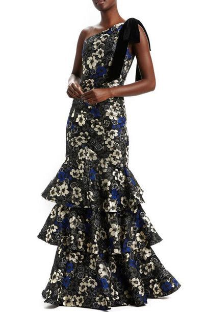 Tiered one shoulder floral gown in dusk multi by Monique L'Hullier