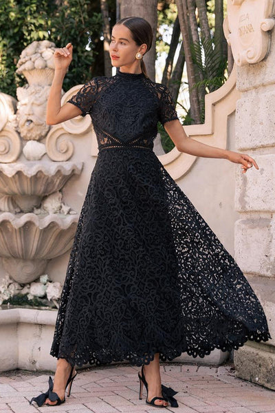 Georgina Lace Midi Dress in Black by ML Monique Lhuillier - RENTAL