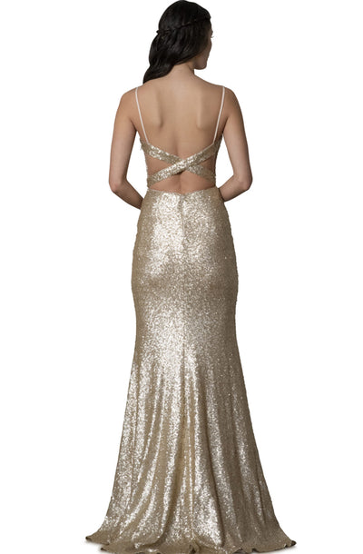 Kim Cross Back Gold Sequin Gown by Theia Couture - RENTAL