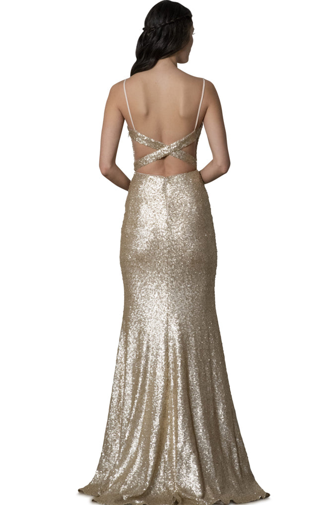 Kim Cross Back Gold Sequin Gown by Theia Couture - FINAL SALE The Fitzroy Kim Cross Back Gold Sequin Gown by Theia Couture - FINAL SALE The Fitzroy