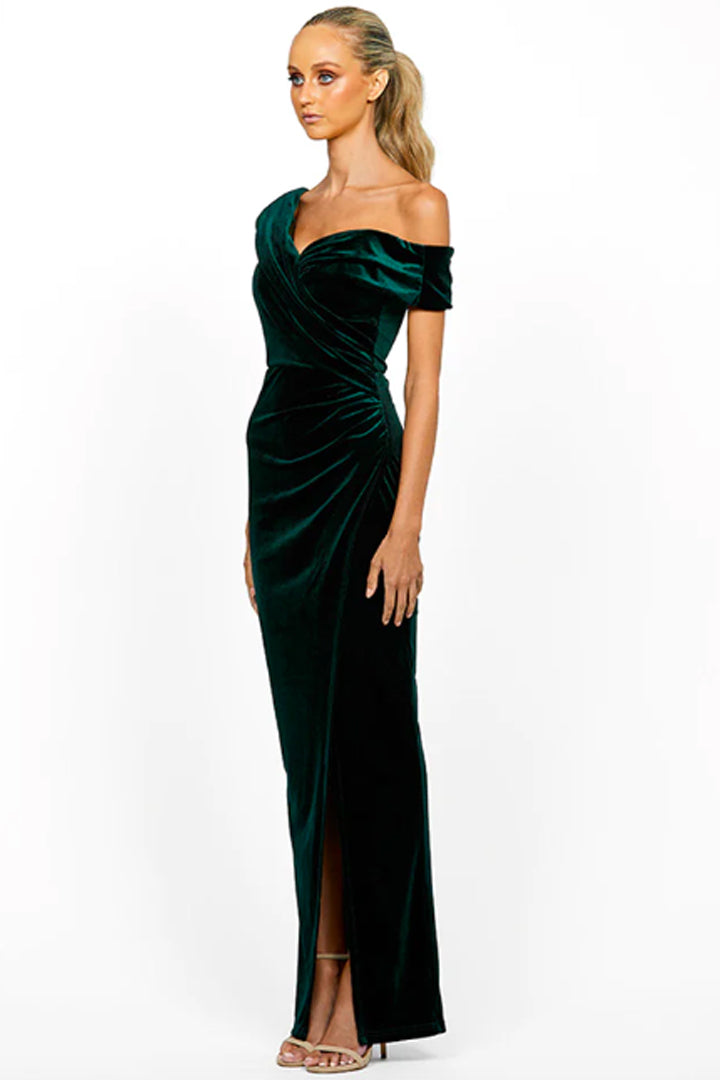 Ciara Off Shoulder Gown in Emerald Green by Bariano - RENTAL – The