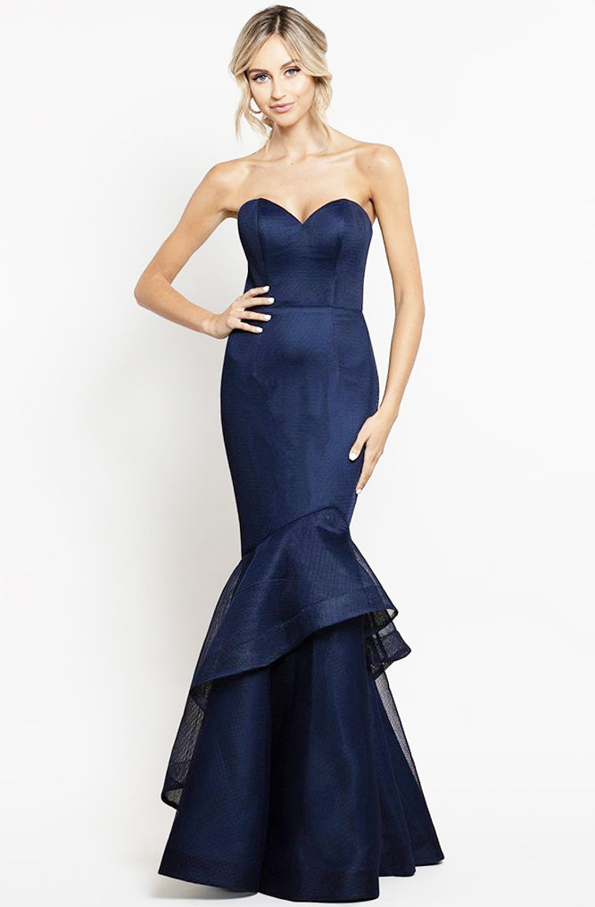 Navy trumpet mesh gown by Bariano
