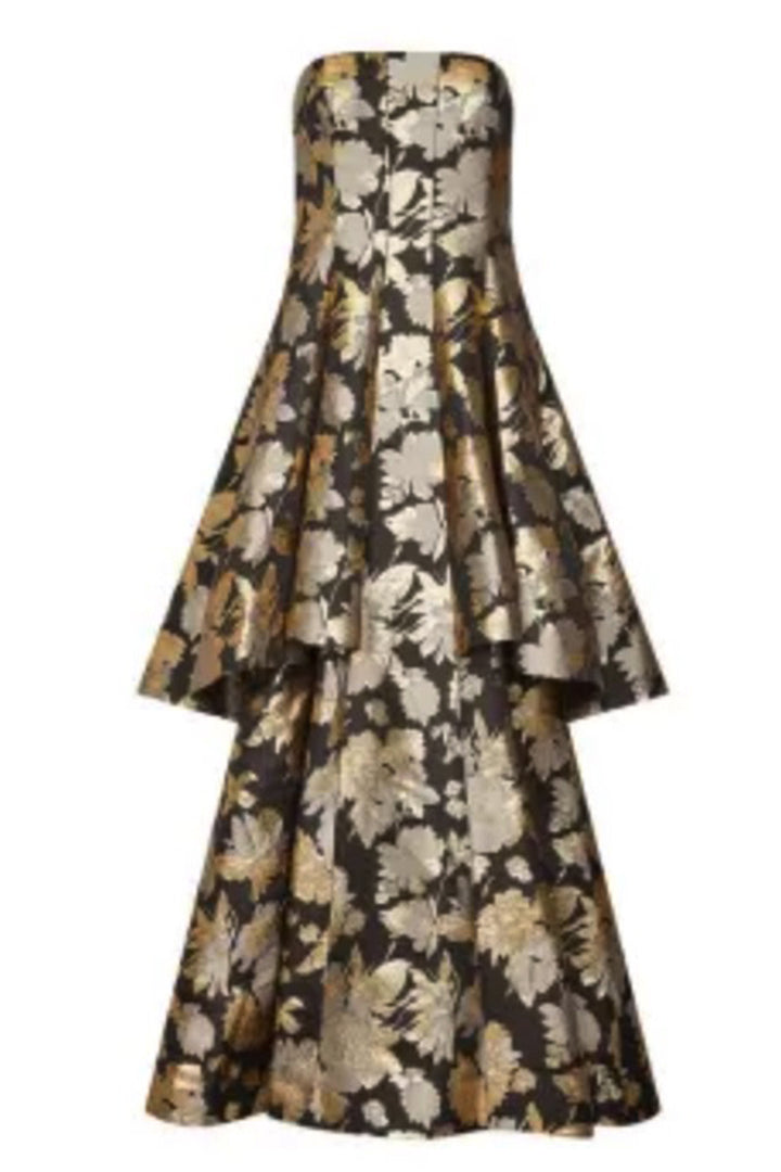 aidan mattox black and gold dress The Monaco Strapless Jacquard Gown by corset-styles