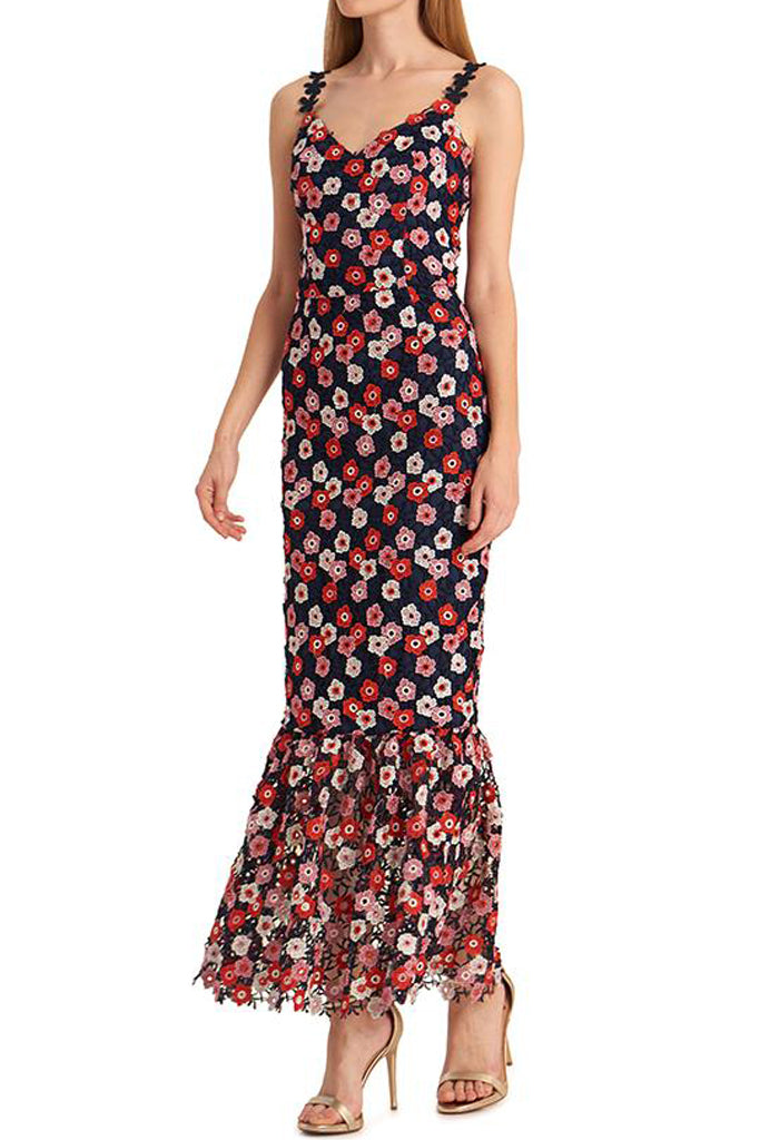 Poppy Lace Applique Floral Midi Dress by ML Monique Lhuillier - RENTAL