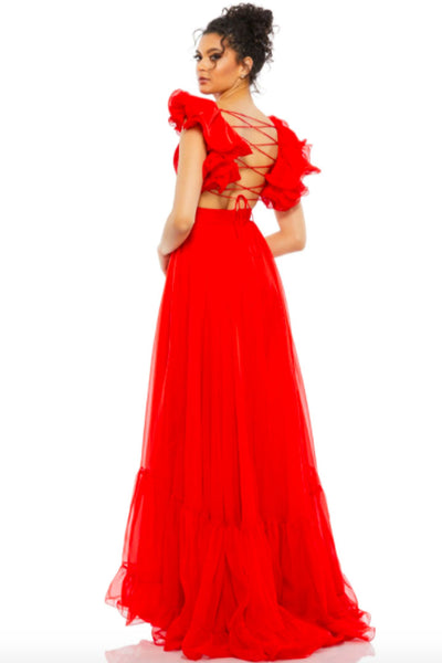 RUFFLE SHOULDER LACE UP GOWN MAC DUGGAL