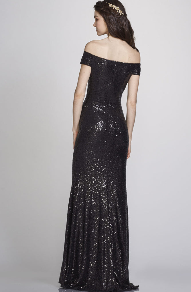 Leigh Off The Shoulder Black Sequin Gown by Theia Couture - RENTAL