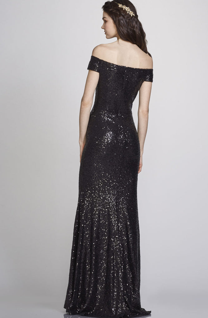 Leigh Off The Shoulder Black Sequin Gown by Theia Couture