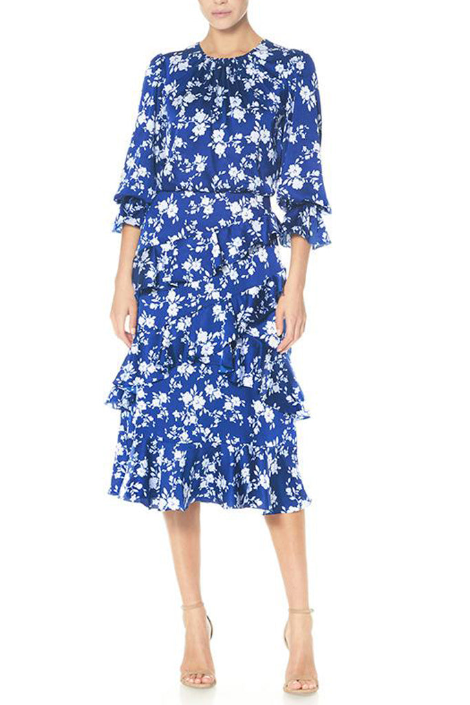 Loretta Ruffle Floral Print Midi Dress by ML Monique Lhuillier - RENTAL