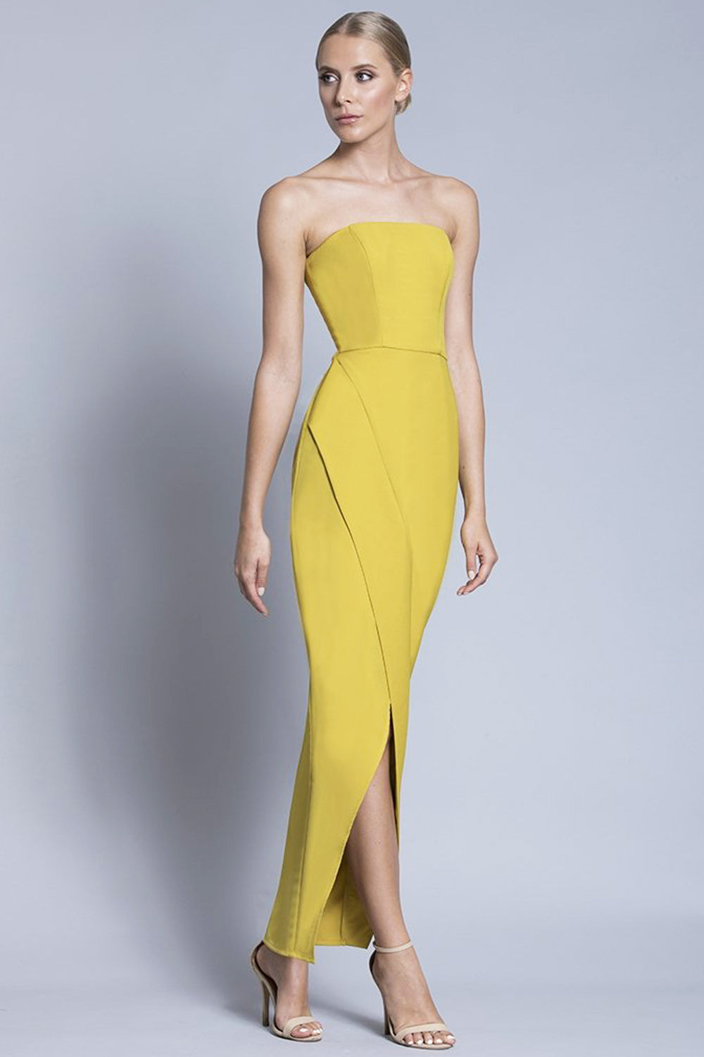 yellow strapless gown -rental