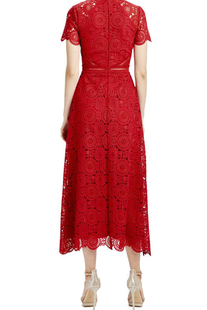 Georgina Lace Midi Dress in Red by ML Monique Lhuillier RENTAL The Fitzroy
