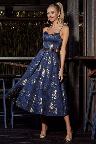 Nicola Navy Jacquard Tea Length Dress by Bariano - RENTAL – The