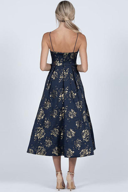 Nicola Navy Jacquard Tea Length Dress by Bariano - RENTAL