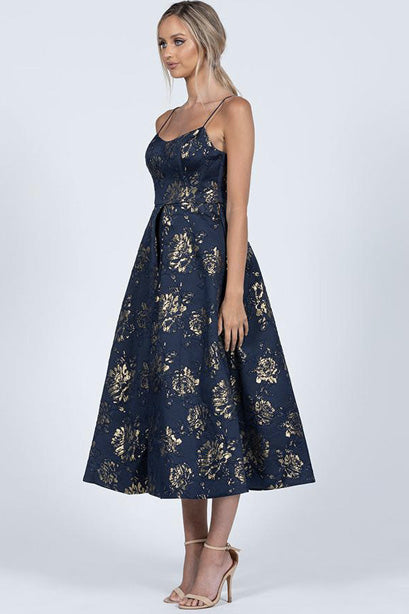 Nicola Navy Jacquard Tea Length Dress by Bariano - RENTAL