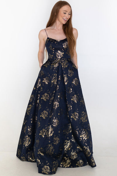 Nyla Navy Jacquard Gown by Bariano - RENTAL