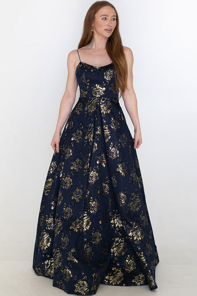 Nyla Navy Jacquard Gown by Bariano - RENTAL