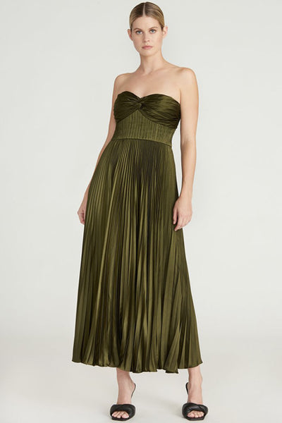 Olive Pleated Strapless Dress by AMUR - RENTAL