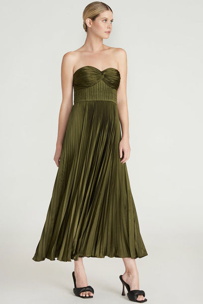 Olive Pleated Strapless Dress by AMUR - RENTAL