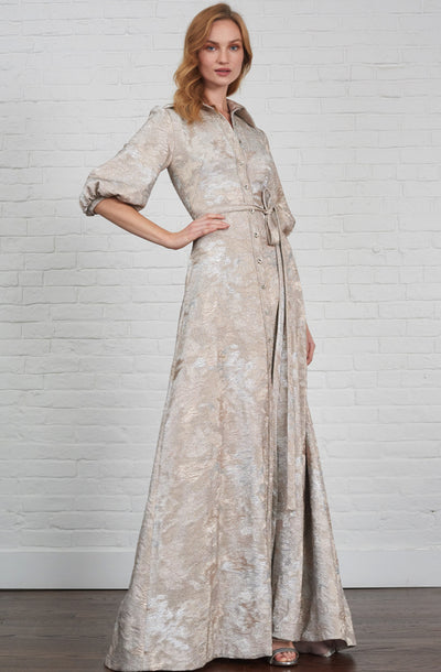 Champagne full length gown by Theia Couture