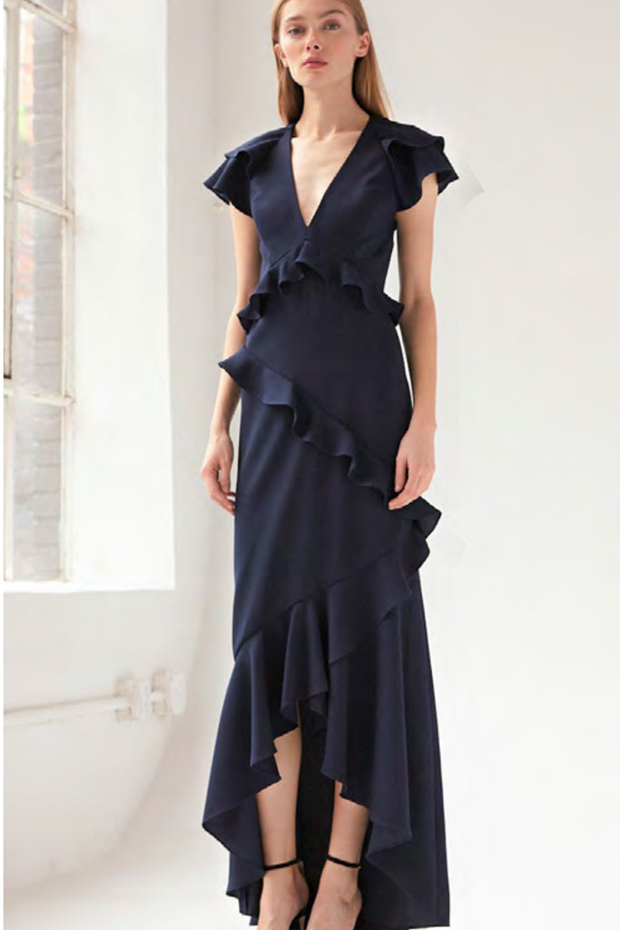 Navy Ruffle Dress ML Monique L'Hullier