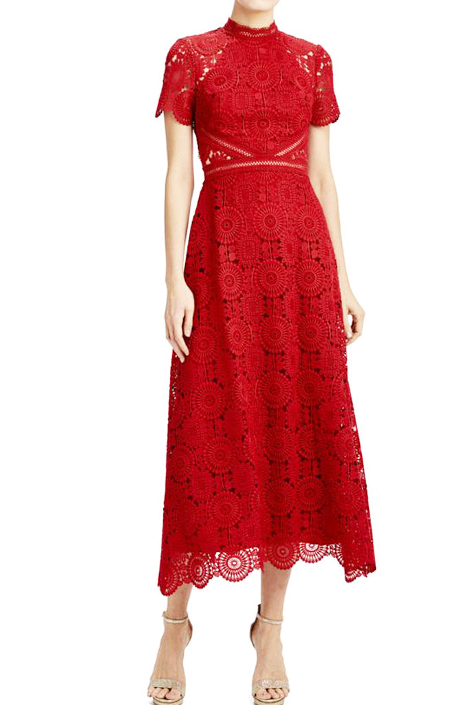 Georgina Lace Midi Dress in Red by ML Monique Lhuillier