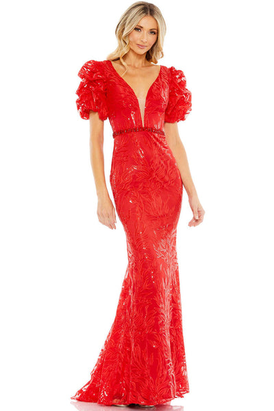 Mac Duggal PUFF SLEEVE EMBROIDERED TRUMPET EVENING GOWN