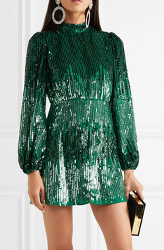 Samantha Sequin Mini Dress in Green by Rixo London - RENTAL