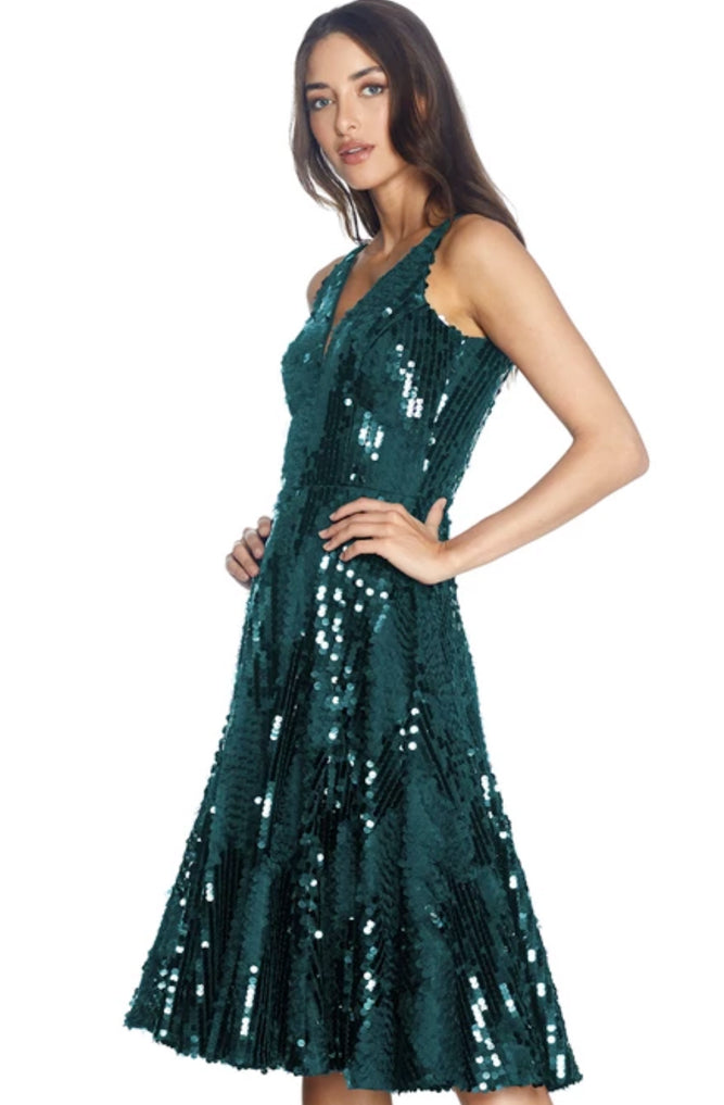 Sera Sequin and Ruffle Green Midi Dress by Dress The Population - RENTAL
