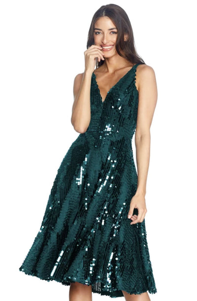 Sera Sequin and Ruffle Green Midi Dress by Dress The Population - RENTAL