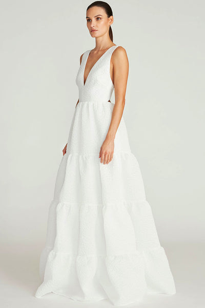 THEIA COUTURE REGINA V NECK TIERED GOWN 