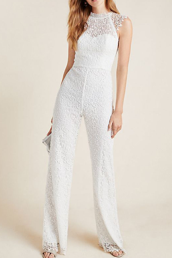 White Lace Cap Sleeve jumpsuit Monique L'hullier