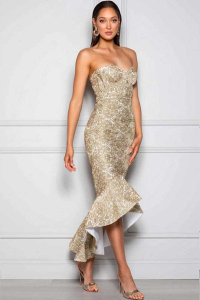 YASMIN GOLD STRAPLESS MIDI DRESS ELLE ZEITOUNE