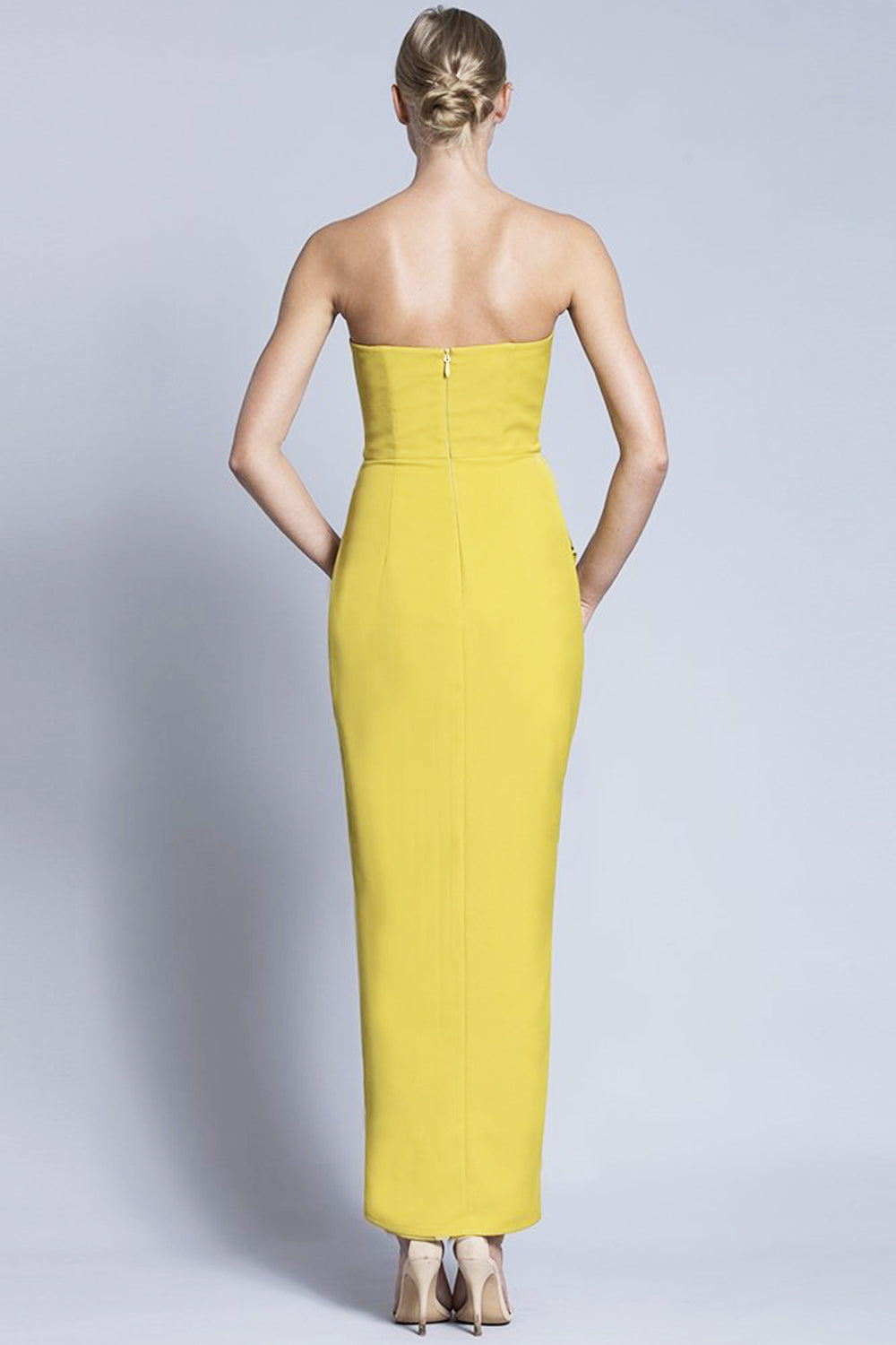 Madison Mustard Strapless Gown by Bariano - RENTAL